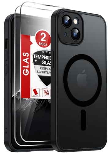 LeYi Cover Magnetica per iPhone 13 con 2 Pezzi Vetro Temperato(Nero) | Custodia per iPhone 13 Traslucida Opaca Anti-Impronte Resistente ai Graffi Paraurti in TPU Antiurto Protettiva Case