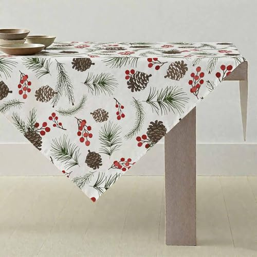 ViaElayu Tischdecke Weihnachten Weihnachtsdeko Klein Weihnachtstischdecke Mitteldecke 85x85 cm Beige Weihnachts Tischdeko mit Tannenzapfen Kiefer und Beere Abwaschbar Modern Winter Küche Tisch Deko
