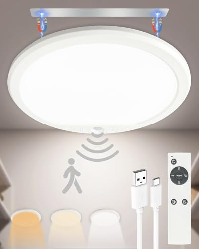 Rechargeable LED Ceiling Light with Motion Sensor for Bathroom, Loft(Round) | 7500mAh Battery Operated Shed Light with Remote, Magnetic Mount, 3 Color Temperatures, Dimmable Wireless Ceiling Lamp