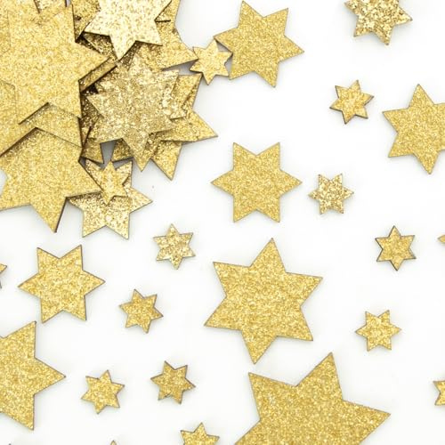 ALLY-MAGIC Holzsterne, Streudeko Weihnachten, Weihnachtsdeko Gold, Sterne Deko für Hochzeit Geburtstag Party Jubiläum Tisch Deko 6 Eckig E24-MZSGXX