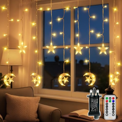Ollny Fairy Lights Star Moon Ramadan Eid 100 LEDs 2M Plug in with Remote | IP44/8 Lighting Modes/3 Timer/4 Levels Brightness/Memory/Mains Powered Outdoor Indoor for Bedroom, Curtain Decor Warm White