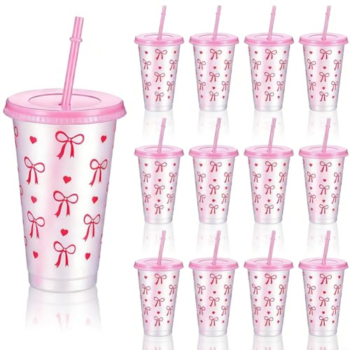 VorErgyllic 12er-Set Rosa Schleifen-Plastikbecher 700ml, mit Deckel und Strohhalm – Wiederverwendbare Trinkbecher für Partys, Hochzeiten, Büro