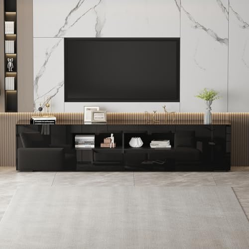 KernGut 200cm TV Schrank Hochglanz mit LED-Beleuchtung, Schwarz | 16 Farben LED-Beleuchtung, TV Board mit Schränken, 2 Freiflächen & Schubladen, Für 65–85 Zoll Fernseher