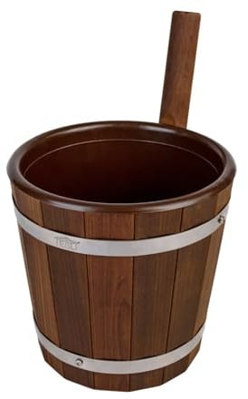 Sauna Eimer 5L aus Thermoholz mit Kunststoffeinsatz – Saunakübel mit Edelstahlreifen und Holzgriff – Aufgusseimer für Sauna, robustes Sauna Zubehör
