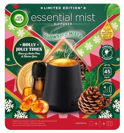 Air Wick Essential Mist Diffuser Kit, Holly Jolly Times,1 Device & 1 refill (20 ml),Natural Essential Oils, Last up to 45 days, Air freshener