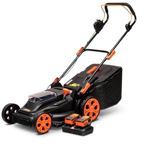 TOP CUT TC-LB-38-40V | Akku Rasenmäher Bürstenlos 38cm | 2X 4Ah Akku Doppel Ladegerät 45L Fangkorb 6 Stufen Schnitthöhe | Leichter Elektro Rasenmäher Schnurlos für Garten und Rasenpflege