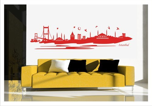 biseler Wandtattoo Wandaufkleber Istanbul Skyline Türkei Wandsticker Türkiye Aufkleber (Rot, 120 cm x 28 cm)