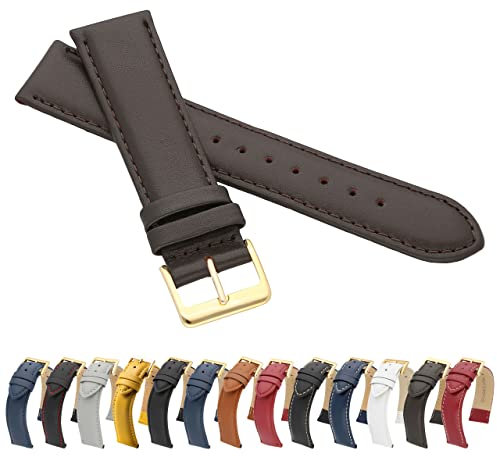 MARCHEL Glattleder Echtleder 20 mm LLB-130 Schließe in Gold Lederarmband Uhrenarmband Uhrband Uhrenbänder Rindsleder Feines Leder Band Uhr (20 mm, Braun)