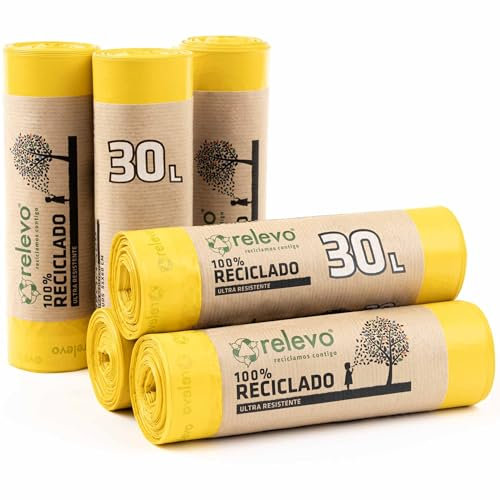 Relevo 100% Reciclado Bolsas de Basura, con autocierre, extra resistentes 30 L, 90 bolsas