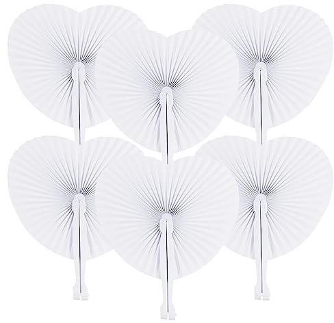 Zwin 48 Pcs Heart Shaped Paper Fans for Wedding Pocket Folding Paper Fans with Plastic Handle White Blank Fans for Guest Celebration Party Decoration