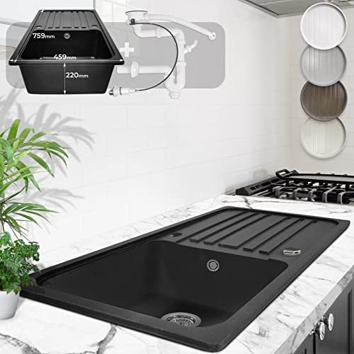 Aquamarin® Fregadero de Cocina - de Granito, con 1 Seno y Escurridor Reversible, Set de Desagüe, 76 x 46 cm, Integrado o Empotrado, Color a Elegir - Lavabo de Cocina (Beige)