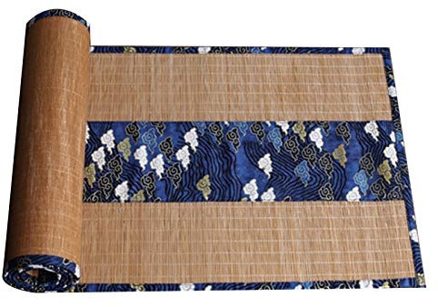 Chemin De Table en Bambou Naturel Japonais avec Motif d'impression De Tissu, Long Tapis De Table à Manger D'hôtel à La Maison, Antidérapant Set De Table Durable, Bleu/Or(Color:Une,Size:30×180cm)