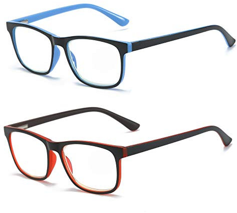 MMOWW 2er-pack Lesebrille Damen und Herren - Anti-blaue Computerbrille mit Federscharnieren (Rot + Dunkelblau, +2,0)