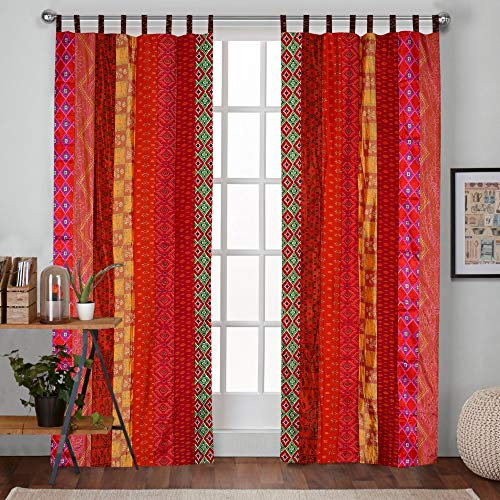 2 Pcs Set Indian Vintage Old Silk Sari Fabric Patchwork Handmade Door Window Rod Pocket Home Decor Panel Curtain Set (Red Strip Patch, 84x42 Each Panel)