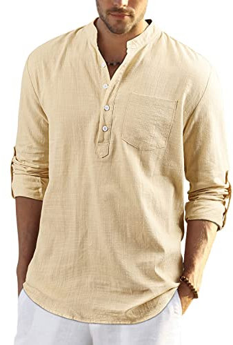 Enlision Hemd Herren Langarm Beige Henley Sommerhemd Herren Freizeithemd Leinenhemd Regular Fit Men Shirts mit Brusttasche 2XL