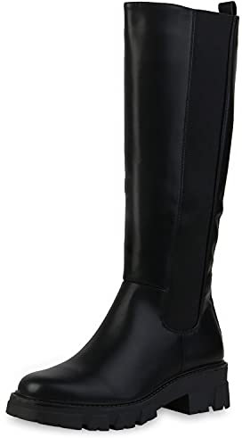 VAN HILL Damen Klassische Stiefel Blockabsatz Schuhe Profilsohle Boots Absatzschuhe Freizeitschuhe 201156 Schwarz Total 36