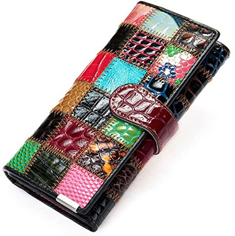 Karoukee Handgefertigte Patchwork Große Trifold Geldbörse für Frauen, Bunt Damen Kreditkartenetui Brieftasche aus echtem Leder, Handy Clutch Geldbörse mit 3 Ausweisfenster & Reißverschlussfach
