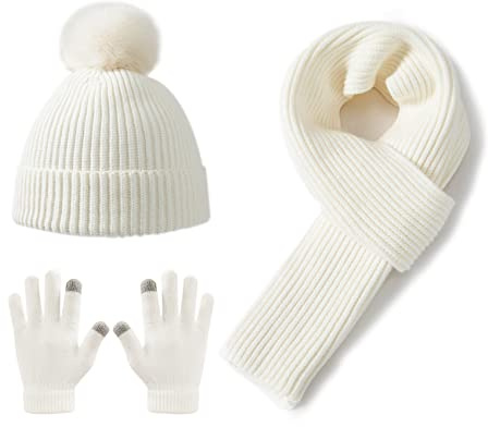 Lallier 3-teiliges Kinder-Set mit Mütze, Schal und Schneehandschuhen, Winter Strickmütze, warme, weiche Pom-Pom Mütze für Jungen, Mädchen und Kleinkinder