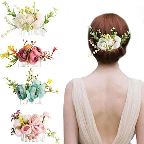 Yangshine 4 Stück künstliche Blumen Metall Haarkämme mit Zähnen Rose Blume Haarkämme Seitliche Slide Haarspangen Einsätze Kopfbedeckung für Frauen Floral Haarnadeln Braut Brautjungfer Haarspangen