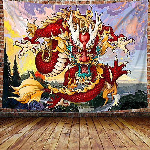 843 Wandteppich Psychedelische Rote Drache-Aquarell-Landschaft Japanisch Dekoration Wandbehang Weiches Wandtuch Bunte Für Wohnzimmer 152x130cm