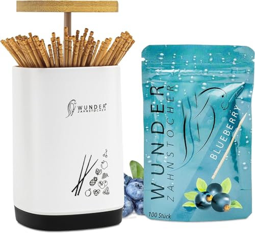Zahnstocherspender von Wunder Zahnstocher - Spender mit easy-lift Funktion - Zahnstocherhalter + 1 Refill Pack (100 Zahnstocher) - Zahnstocher mit Geschmack (SPENDER + BLAUBEERE REFILL)