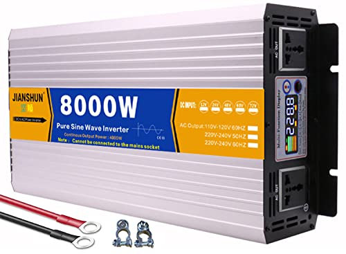3000W 4000W 5000W 6000W 8000W Onda sinusoidal Pura Inversor DC 12v/24v a AC110v/220v Transformador de Voltaje Corriente DC AC Power Inverter con LCD Pantalla &EU Socket para Coche RV ,8000W-12Vto220V