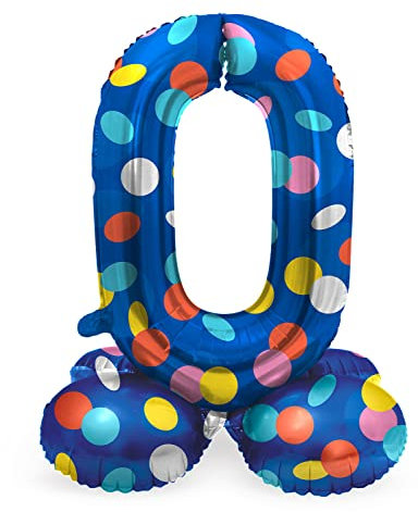 Folat 64780 Luftballon Geburtstag Stehender Ziffer Zahl 0 Colorful Dots Blau mit farbigen Punkten 41 cm - Decoration Geburtstagdeko, Ballon Zahl, Kein Helium erforderlich