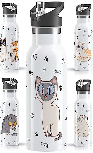 OWLBOOK® Edelstahl Trinkflasche Kinder | Wasserflasche mit Strohhalm | 600 ml | Sportdeckel | Spülmaschinenfest | Schule | Schulanfang Geschenke zur Einschulung Junge Mädchen | Freche Katze