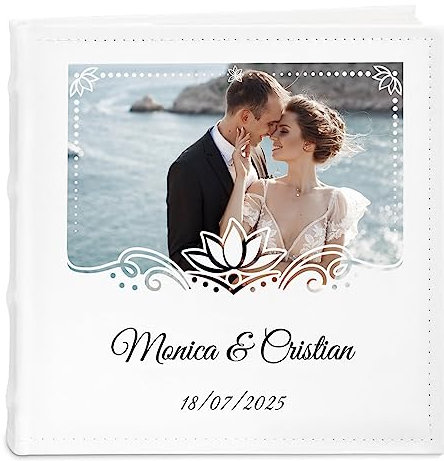 Maverton Album Fotografico Personalizzato con Stampa a Colori - Copertina in Pelle Sintetica Bianca - 100 Pagine - 200 Foto 10x15 cm - Idee Regalo per Anniversario, Matrimonio - Loto