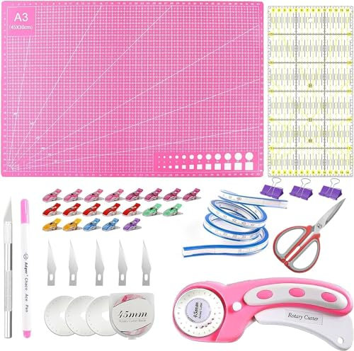 Rollschneider-Set, 38-teilig, 45 mm, Stoffschneiderrad, Quilt-Rollschneider, Roll-Stoffschneider-Rad und A3-Matte, Rollschneider zum Nähen, Quilten (Rosa)