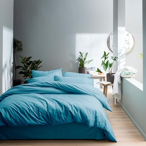 MATT & ROSE Parure de lit 260x240 cm cm Unie Coton LAVÉ | 100% Coton Lavé | Oeko-TEX | Housse de Couette 240x260 cm + 2 Taies d'oreiller 65x65 cm | Bleu Glacier