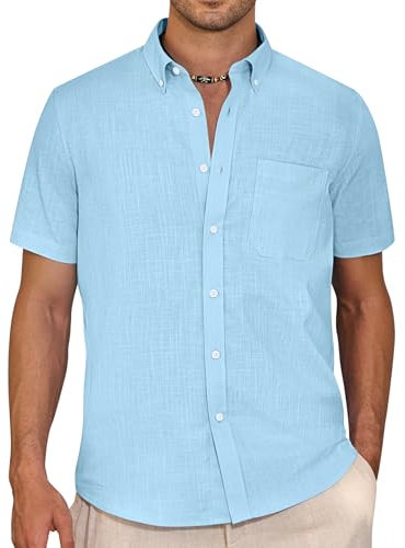 J.VER Linen Shirts Men Blue Summer Short Sleeve Regular Fit Smart Casual Lightweight Holiday Beach Button Down Shirt 3XL