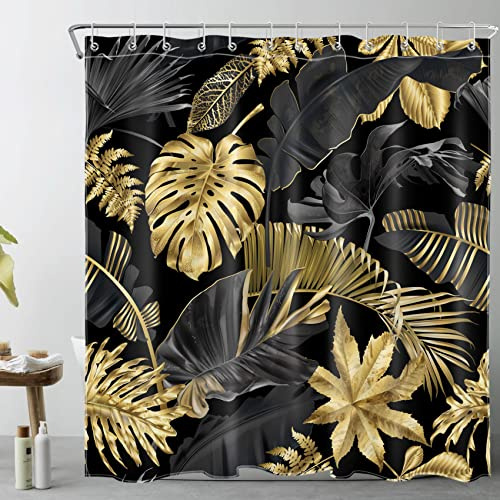 LB Black and Gold Shower Curtain Tropical Palm Leaf in Forest Shower Curtain Set with Hooks Retro Tree Scenery Waterproof Washable Fabric Shower Curtains for Bathroom Decorative,72x72 inch