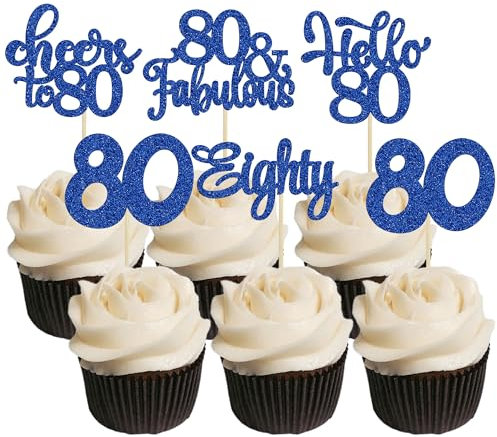 30Pcs Happy 80th Birthday Cupcake Toppers Eighty Cheers to 80 Years Old Birthday Cupcake Picks for Happy 80th Birthday Anniversary Party Cake Decorations Deep Blue Glitter