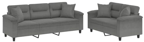 vidaXL Sofagarnitur 2-TLG., Sessel Couch mit Kissen, Sofa Wohnzimmersofa mit Armlehnen, Couchgarnitur Designsofa Sitzmöbel Polstermöbel, Dunkelgrau Mikrofasergewebe