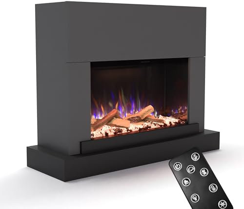 GLOW FIRE Kaminofen PR4 mit realistischem 3D E-Motion LED-Feuer - Stand-Elektrokamin mit Heizung, Kaminfeuer & Timer, max. 1500 W, 126x97x43 cm, Grau