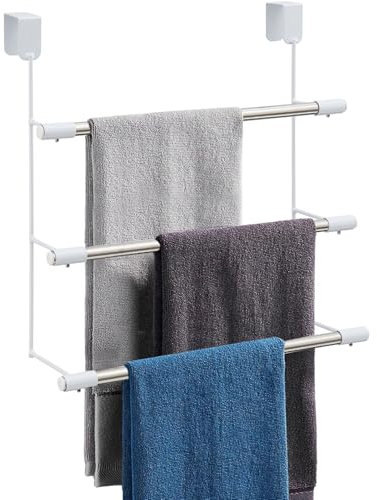 Over The Door Towel Racks for Bathroom, No-Drill Towel Holder for Bathroom Door, 3-Tier Metal Over The Door Towel Bar for Door, Glass Shower Door