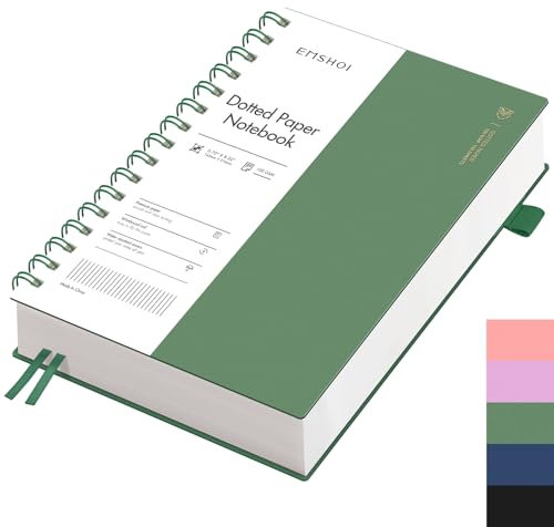 EMSHOI Notizbuch A5 Gepunktetes, Bullet Dotted Journal mit Spiralbindung, 300 Seiten/150 Blatt, 100 gsm Premium-Papier, PVC-Hardcover – Ideal für Damen, Herren, Büro & Schule, 14,5 x 21 cm, Tintengrün