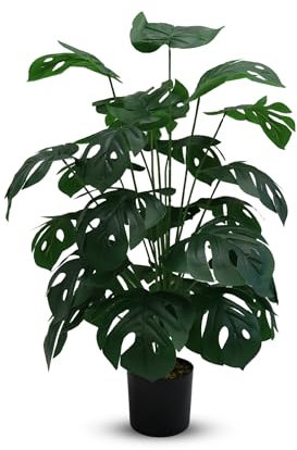 Kunstpflanze Monstera 90 cm – künstliche Pflanze tropisch grün wie echt, pflegeleicht, immergrün Deko für Wohnzimmer Büro Flur schwarzer Topf