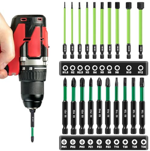 FANTICDE 20 Stück Langer Schraubendreher Bit Set, Bitsatz mit Magnetkopf, 1/4 S2 Sechskantschaft, Hex Sechskan Schlagschrauber Bits, Schrauber Bit für Akkuschrauber(PH, PZ, Torx, Hex)