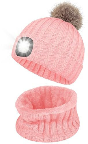 Mütze mit Led Licht Kinder, Led Mütze mit Schal für Jungen und Mädchen, USB Wiederaufladbare LED Beleuchtete Beanie Mütze mit Licht, Wärmer Wintermütze für Jogging, Camping, Angeln, Walking - Rosa