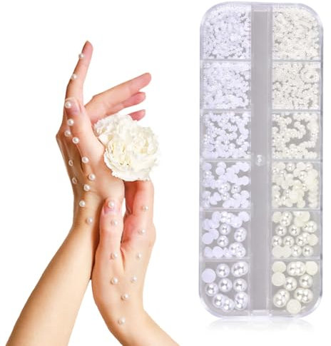 Half Round Pearls Nail Art Kit - Multi Size Flat Back Beads - Small White & Beige Pearls for Nail Art & Jewellery Crafting