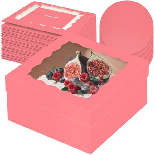 Gcardist 30,5x30,5x15,2cm Kuchenbox, 5 Sets Koralle Orange Tortenkarton mit Fenster & 5 Sets 30,5 Koralle Orange Kuchenrunde Bretter, 30,5 cm Kuchenbehälter (12x12x6 inch)