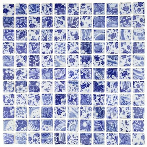 Quancru 121 Stück Keramische Mosaikfliesen Celadon Quadratische Kleine Fliesen Blau Weiß Porzellanfliesen DIY Heimdekoration Wand Innen Außen Boden