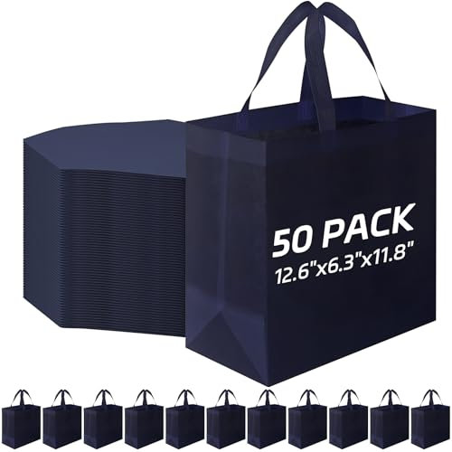 50Pcs Reusable Tote Bags Bulk, Large Shopping Bags Non Woven Grocery Bag Gift Bag with Handles for Party Retail Boutiques, Blue