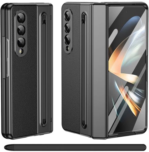 pour Galaxy Z Fold 3 Coque avec Stylet, Protection Charnière + Support S Pen + Protecteur d'écran en Verre Trempé, Housse en Cuir pour Samsung Galaxy Z Fold3-Noir