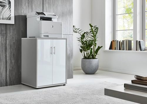 Druckerschrank Office Edition mit 2 Türen, 2 Einlegeböden, Büromöbel, 74 cm Höhe (Lichtgrau/Weiß Hochglanz)