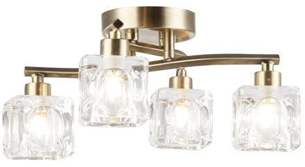 Happy Homewares Modern and Stylish 4-Bulb Antique Brass Plated Ceiling Light with Clear Square Ice Cube Glass Shades | 4 x 33w Maximum | 35cm x 35cm