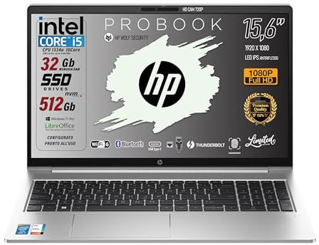 HP ProBook 450 G10 Notebook Portatile, Intel Core i5-1334U, Ram 32Gb, SSD PCI da 512Gb, Display IPS FHD 15.6, Wi-Fi6, 4USB di cui 2 Type-C, Lan, Thunderbolt, Fingerprint, Win 11 Pro, Pronto all'Uso