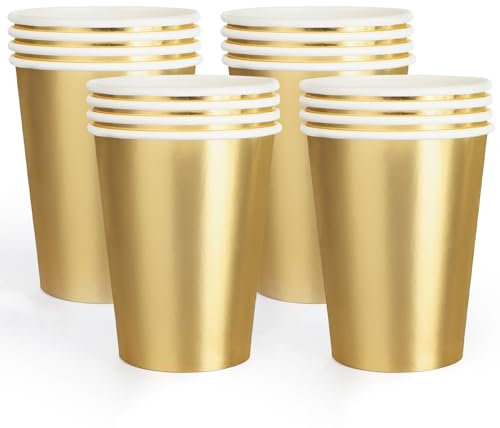 PARTY GO 16 Pcs Paper Cups for Dinner and Dessert, Disposable Cups Party Supplies Pack for Graduation Holiday Wedding Birthday Party Baby Shower Decorations Gold